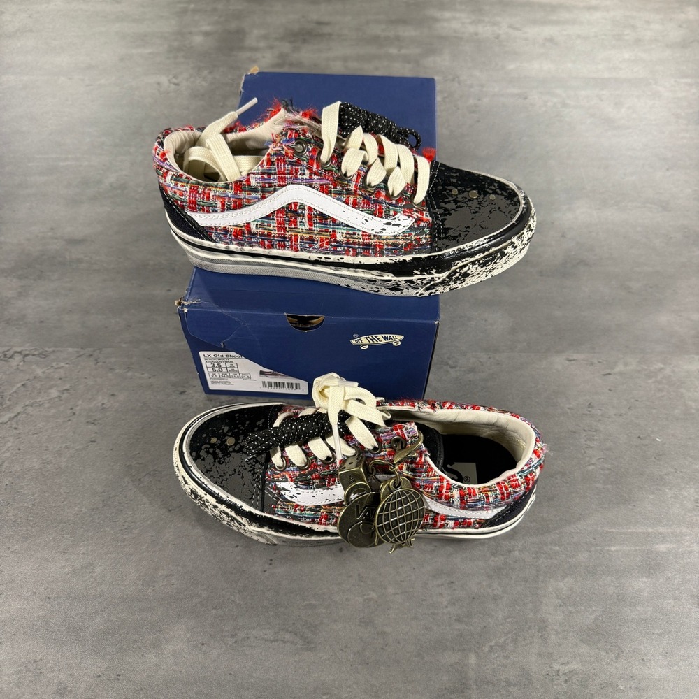 Vans Sneakers Men 3.5 Women 5 LX Old Skool Red Black Tweed Distressed Charms NEW